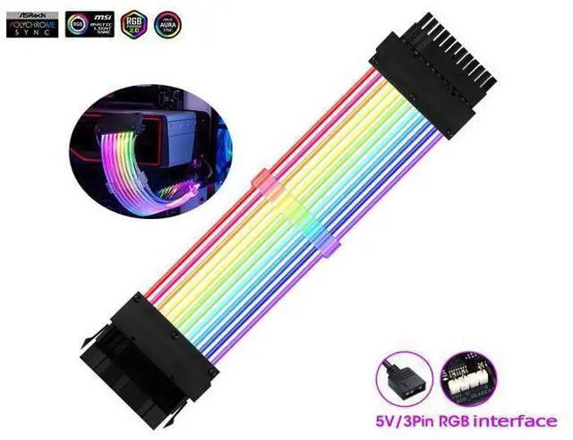 Main image of Addressable RGB Power Extension Cable 18AWG 24Pin ATX Power Supply PSU Cable with Combs 24CM Sleeved Cable Extension PC Kit