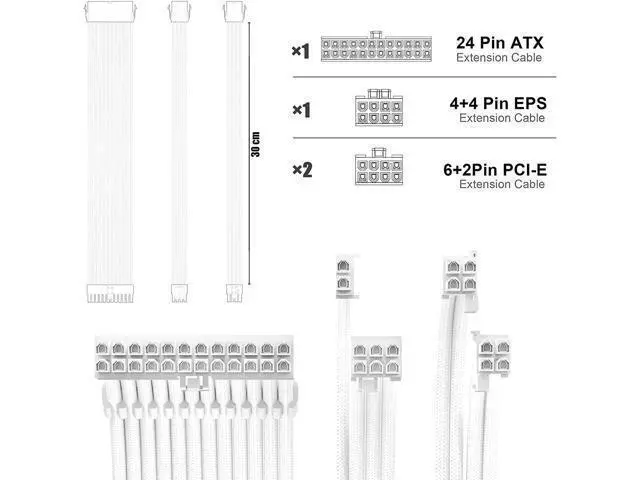 Alt view image 2 of 7 - PSU Cable Extension Kit 30CM Length with Cable Combs 1x24Pin/1x8Pin(4+4) EPS/2x8Pin(6P+2P) PCI-E/PC Sleeved Cable for ATX Power Supply(White)