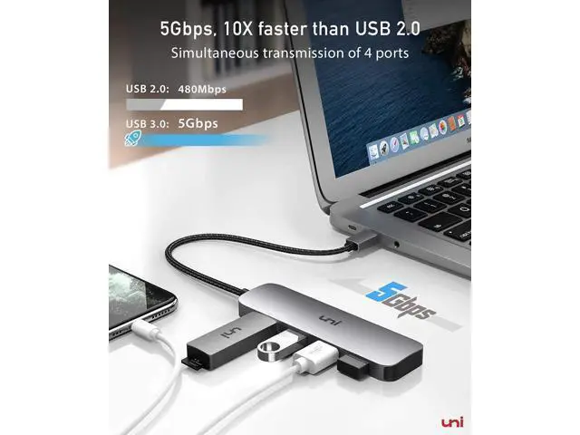 Alt view image 3 of 7 - uni USB C to USB Hub 4 Ports, Aluminum USB Type C to USB Adapter with 4 USB 3.0 Ports, Thunderbolt 3 to Multiport USB 3.0 Hub Adapter for MacBook Pro/Air 2020/2019, iPad Pro, Dell, Chromebook and more