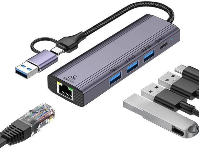 Main image of WISDUM USB C HUB, 5 in 1 USB-C/USB 3.0 Dual Adapter Docking Station, with USB Port, USB-C Port/PD, Gigabit Ethernet, Multi-Port USB C Adapter Type C Laptops Dock Dongle Compatible for Mac-Book Pro Air