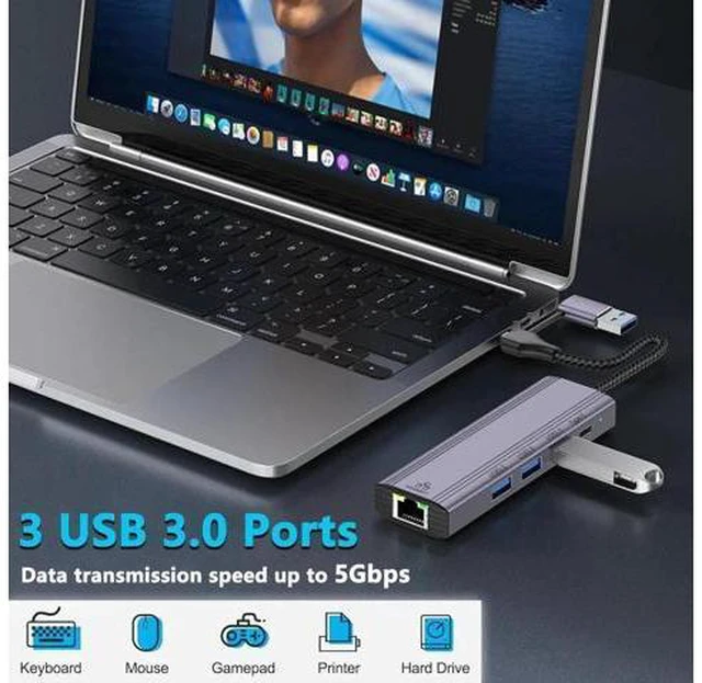 Alt view image 3 of 7 - WISDUM USB C HUB, 5 in 1 USB-C/USB 3.0 Dual Adapter Docking Station, with USB Port, USB-C Port/PD, Gigabit Ethernet, Multi-Port USB C Adapter Type C Laptops Dock Dongle Compatible for Mac-Book Pro Air