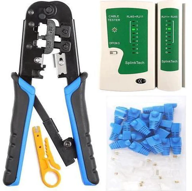 Main image of RJ45 Crimp Tool Kit, 50 PCS RJ45 Connectors, 50 PCS Covers, 1 Cat5 Cat5e Ethernet Crimping Tool, 1 RJ45 Tester and 1 Mini Wire Stripper, RJ11, 6P/ RJ12, 8P/ RJ45 Crimp Tool Set
