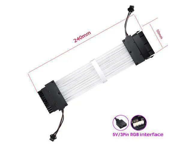 Alt view image 2 of 7 - Addressable RGB Power Extension Cable Sleeved Cable Extension PC Kit 18AWG 24Pin ATX Power Supply PSU Cable with Combs 24CM