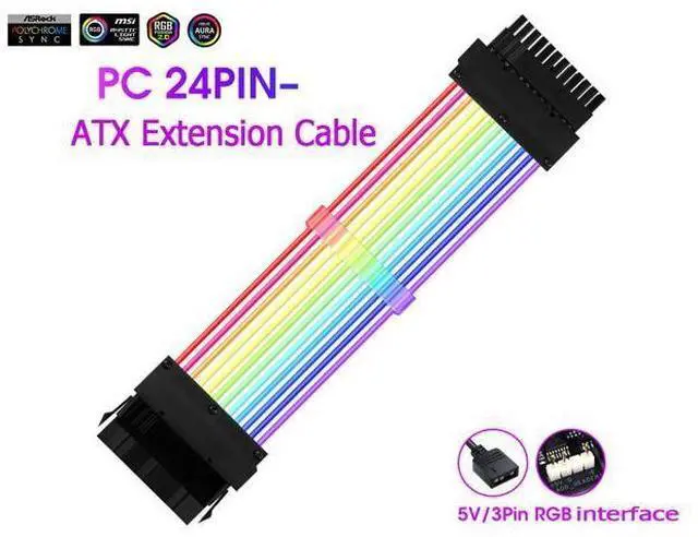 Main image of Addressable RGB Power Extension Cable Sleeved Cable Extension PC Kit 18AWG 24Pin ATX Power Supply PSU Cable with Combs 24CM