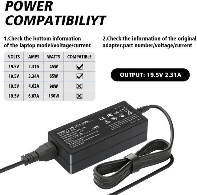 Alt view image 5 of 7 - 65W AC Laptop Charger Compatible with Dell Inspiron 15-3000 15-5000 15-7000 17-3000 17-5000 17-7000 13-5000 13-7000 11-3000 2 in 1 Series 3558 3181 5558 5559 5567 5100 5535 Adapter Power Cord