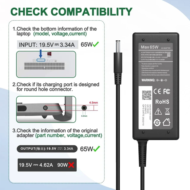 Alt view image 3 of 7 - 65W Charger for Dell Laptop Charger,AC Adapter for Dell Inspiron 15 3000 5000 Series 15-3552 3558 3567 5551 5555 5558 Laptop Power Supply Cord