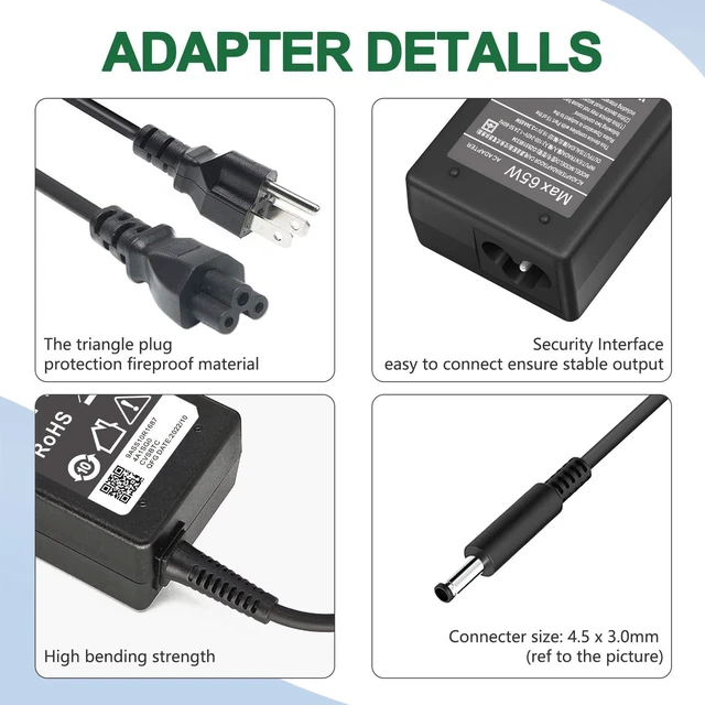 Alt view image 4 of 7 - 65W Charger for Dell Laptop Charger,AC Adapter for Dell Inspiron 15 3000 5000 Series 15-3552 3558 3567 5551 5555 5558 Laptop Power Supply Cord