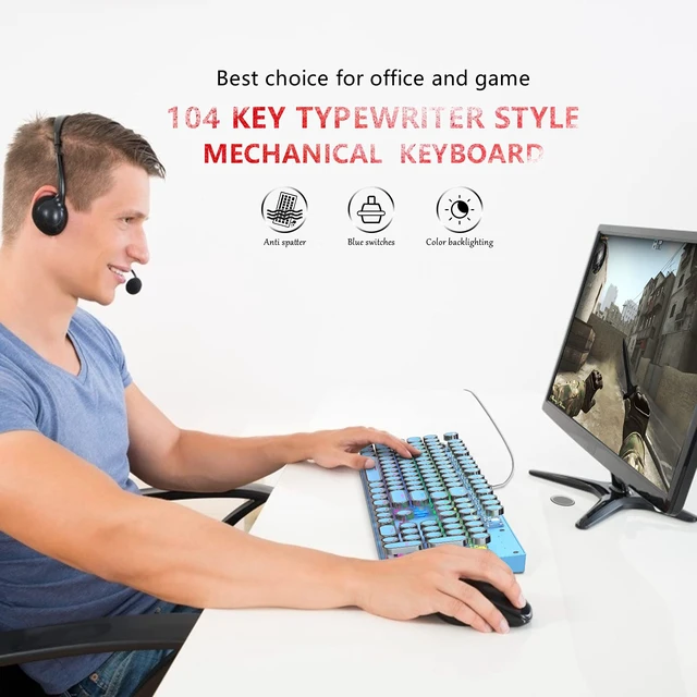 Alt view image 2 of 7 - Ltvystore Typewriter Style Mechanical Gaming Keyboard, Blue Retro Punk Gaming Keyboard with 9 True RGB Backlight Modes, 104 Keys Blue Switch Wired Cute Keyboard, Round Keycaps for Windows/Mac/PC