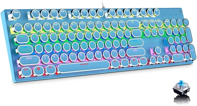 Main image of Ltvystore Typewriter Style Mechanical Gaming Keyboard, Blue Retro Punk Gaming Keyboard with 9 True RGB Backlight Modes, 104 Keys Blue Switch Wired Cute Keyboard, Round Keycaps for Windows/Mac/PC