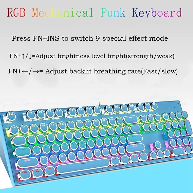 Alt view image 5 of 7 - Ltvystore Typewriter Style Mechanical Gaming Keyboard, Blue Retro Punk Gaming Keyboard with 9 True RGB Backlight Modes, 104 Keys Blue Switch Wired Cute Keyboard, Round Keycaps for Windows/Mac/PC