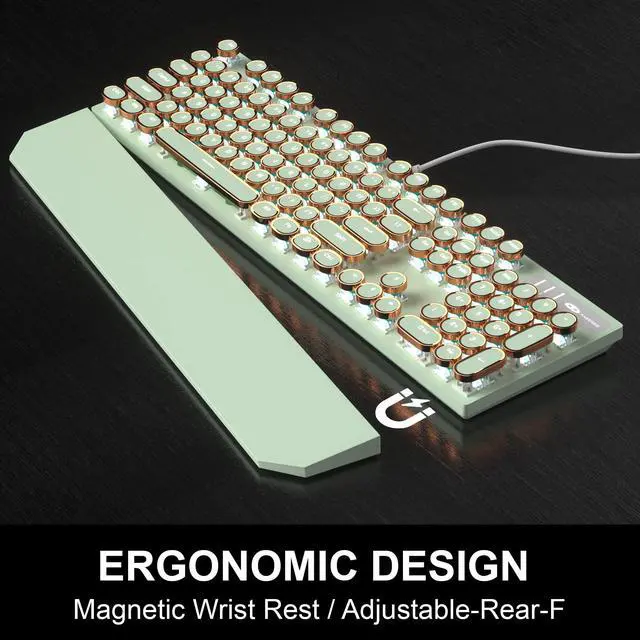 Alt view image 3 of 7 - Typewriter Style Mechanical Gaming Keyboard, Green Retro Punk Gaming Keyboard with White Backlit, 104 Keys Blue Switch Wired Cute Keyboards, Round Keycaps for Windows/Mac/PC