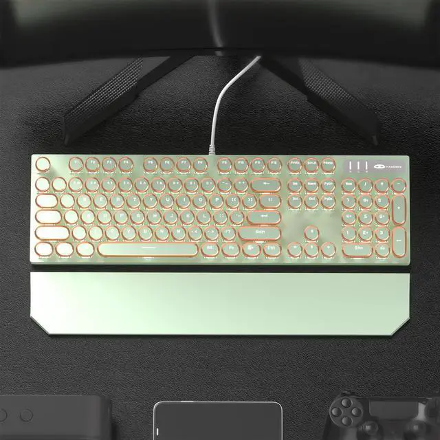 Alt view image 6 of 7 - Typewriter Style Mechanical Gaming Keyboard, Green Retro Punk Gaming Keyboard with White Backlit, 104 Keys Blue Switch Wired Cute Keyboards, Round Keycaps for Windows/Mac/PC