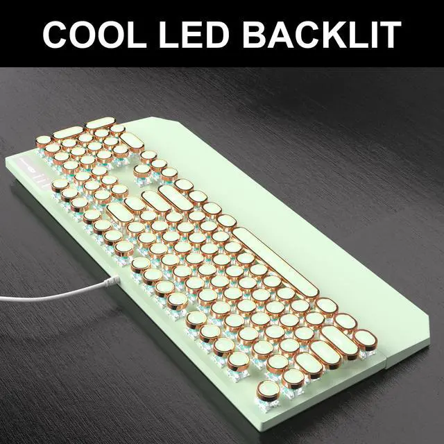 Alt view image 4 of 7 - Typewriter Style Mechanical Gaming Keyboard, Green Retro Punk Gaming Keyboard with White Backlit, 104 Keys Blue Switch Wired Cute Keyboards, Round Keycaps for Windows/Mac/PC