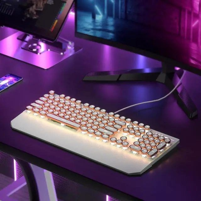 Alt view image 7 of 7 - Typewriter Style Mechanical Gaming Keyboard, Green Retro Punk Gaming Keyboard with White Backlit, 104 Keys Blue Switch Wired Cute Keyboards, Round Keycaps for Windows/Mac/PC