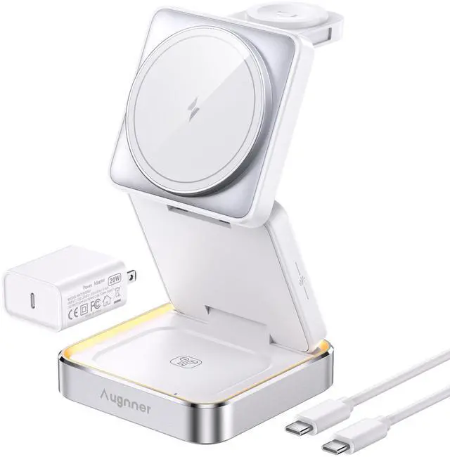 Main image of 2026 UpgradedWireless Charger 3 in 1, Foldable Wireless Charging Station with Light for Apple MagSafe Charger, Travel Magnetic Charger for iPhone 17/16/15/14/13/12 Apple Watch AirPods (20W Adapter)