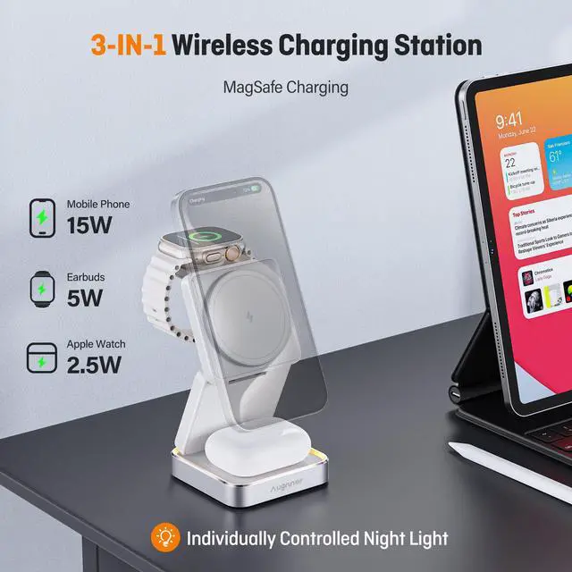 Alt view image 3 of 7 - 2026 UpgradedWireless Charger 3 in 1, Foldable Wireless Charging Station with Light for Apple MagSafe Charger, Travel Magnetic Charger for iPhone 17/16/15/14/13/12 Apple Watch AirPods (20W Adapter)