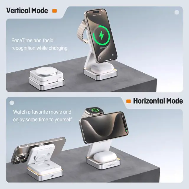 Alt view image 5 of 7 - 2026 UpgradedWireless Charger 3 in 1, Foldable Wireless Charging Station with Light for Apple MagSafe Charger, Travel Magnetic Charger for iPhone 17/16/15/14/13/12 Apple Watch AirPods (20W Adapter)
