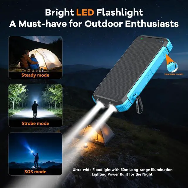 Alt view image 4 of 7 - Solar Charger Power Bank 20000mAh, Portable Wireless Charger, 15W Fast Charging External Battery Pack with Dual Flashlight and USB C Outputs, Outdoor Mobile Power Compatible with Cell Phones