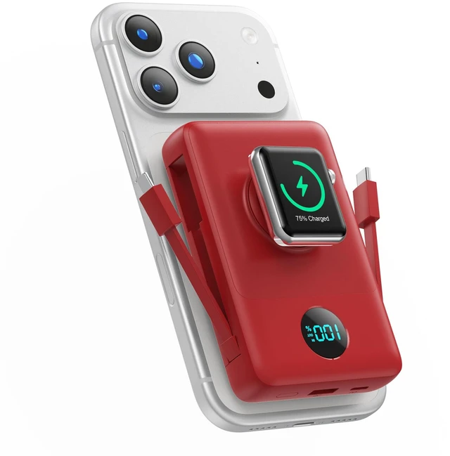 Main image of Magnetic Portable Charger 10800mAh with Built-in Cables,Wireless Power Bank for Magsafe,25W PD Fast Charging USB-C Travel Essentials Battery Pack for iPhone 17/16/15/14/13/12 Series,Apple Watch-Red