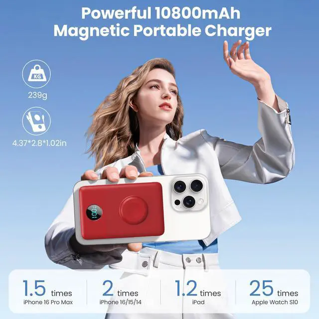Alt view image 2 of 7 - Magnetic Portable Charger for MagSafe with Built-in Cable,iWatch Charger,10800mAh Wireless Power Bank Travel Essentials,25W Fast Charging Battery Pack for iPhone 17/16/15,Apple Watch(Red,10800mAh)