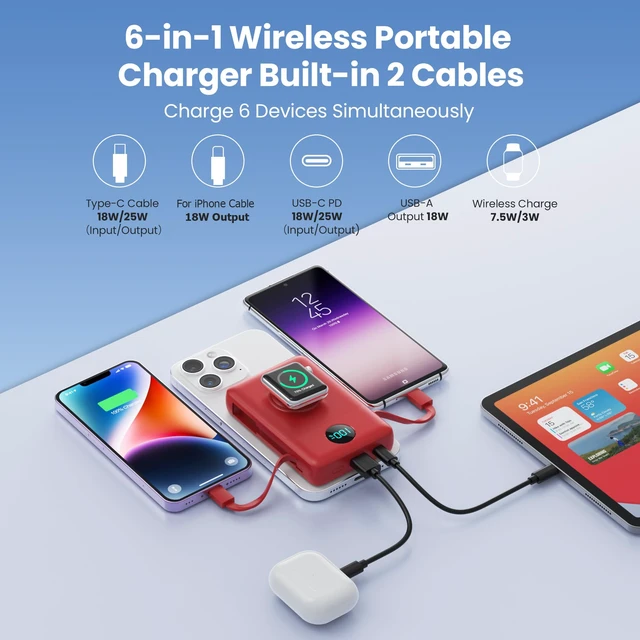 Alt view image 7 of 7 - Magnetic Portable Charger 10800mAh with Built-in Cables,Wireless Power Bank for Magsafe,25W PD Fast Charging USB-C Travel Essentials Battery Pack for iPhone 17/16/15/14/13/12 Series,Apple Watch-Red