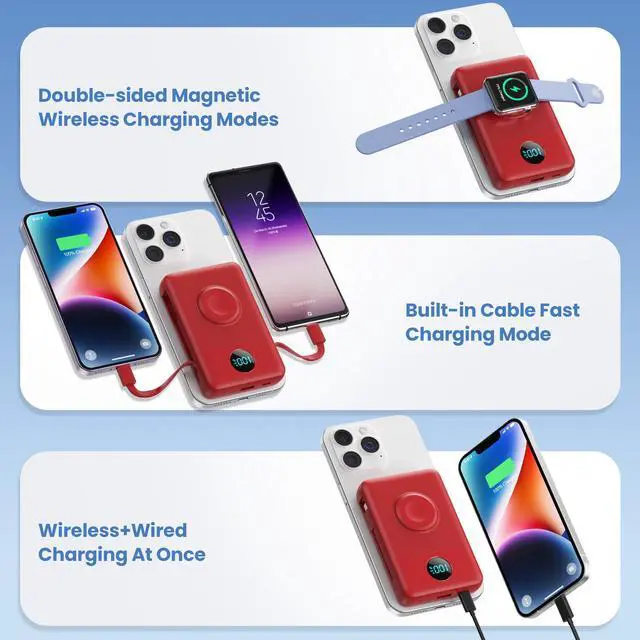 Alt view image 4 of 7 - Magnetic Portable Charger for MagSafe with Built-in Cable,iWatch Charger,10800mAh Wireless Power Bank Travel Essentials,25W Fast Charging Battery Pack for iPhone 17/16/15,Apple Watch(Red,10800mAh)