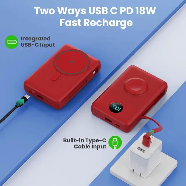 Alt view image 7 of 7 - Magnetic Portable Charger for MagSafe with Built-in Cable,iWatch Charger,10800mAh Wireless Power Bank Travel Essentials,25W Fast Charging Battery Pack for iPhone 17/16/15,Apple Watch(Red,10800mAh)