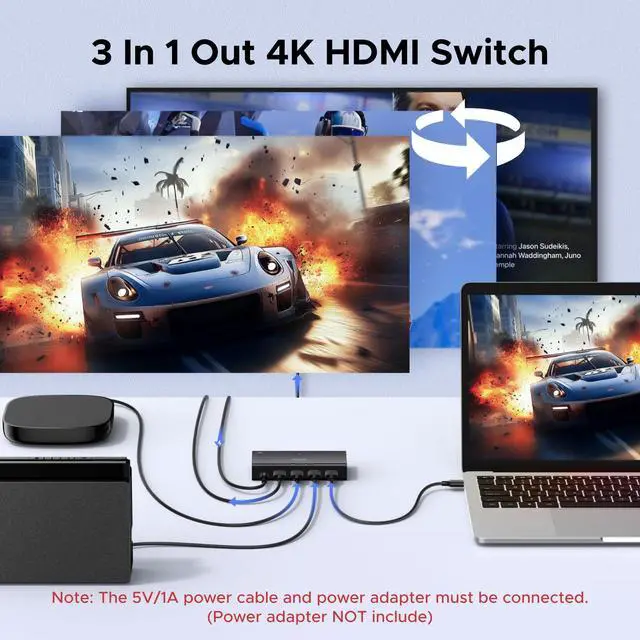 Alt view image 2 of 7 - HDMI Switch 3 in 1 Out, 4K@60Hz, with Remote, HDR10+, 3D, Dolby