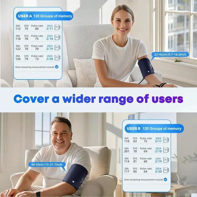 Alt view image 3 of 6 - Blood Pressure Monitor Upper Arm Blood Pressure Monitors for Home Use with 9"-17" and 15"-21.6" Bp Cuff, Large Screen Rechargeable Bp Machine, 2x120 Memory, Voice Broadcast, Built-in Lithium Battery