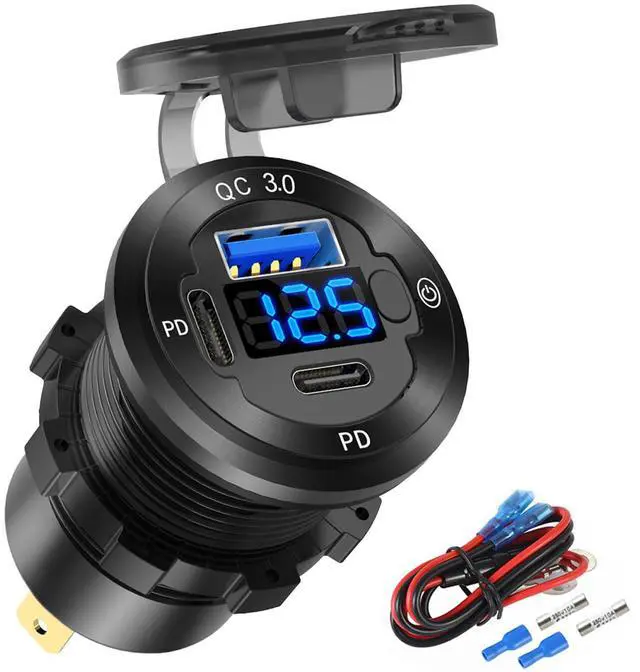 Main image of 12V USB Car Socket Round USB C 12V Outlet, 3-Port Marine Fast Charger Waterproof Cigarette Outlet Replacement Aluminum with Switch & Voltmeter, Suitable for Boat Golf Cart RV Motorcycle Truck