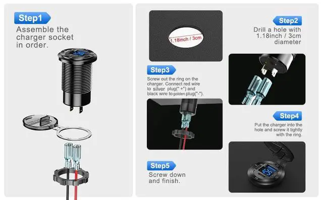 Alt view image 7 of 7 - 12V USB Car Socket Round USB C 12V Outlet, 3-Port Marine Fast Charger Waterproof Cigarette Outlet Replacement Aluminum with Switch & Voltmeter, Suitable for Boat Golf Cart RV Motorcycle Truck