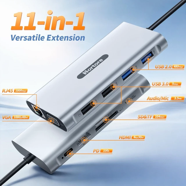 Alt view image 2 of 7 - Docking Station USB C Hub Multiport Adapter Triple Display 4K@60Hz HDMI,VGA,RJ45,2 USB 3.0 and 2.0,SD/TF Card Reader,100W PD,USB C Dock for MacBook Pro/HP/DELL/Lenovo,Silver