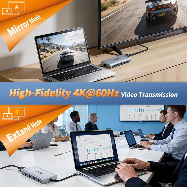 Alt view image 3 of 7 - Docking Station USB C Hub Multiport Adapter Triple Display 4K@60Hz HDMI,VGA,RJ45,2 USB 3.0 and 2.0,SD/TF Card Reader,100W PD,USB C Dock for MacBook Pro/HP/DELL/Lenovo,Silver