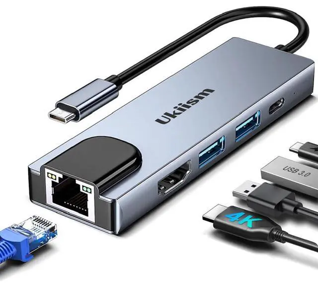 Main image of USB C Hub 5 in 1 Multiport Adapter, USB C Hub with 4K HDMI, Ethernet RJ45, 100W PD Charging, USB 3.0 Ports, Type C Docking Station for MacBook Pro Air, iPad, Laptop