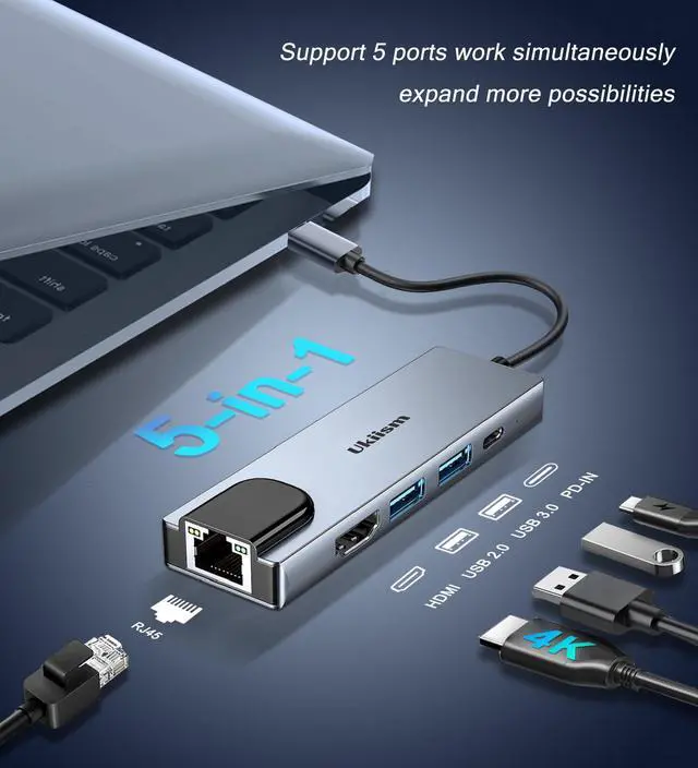 Alt view image 2 of 7 - USB C Hub 5 in 1 Multiport Adapter, USB C Hub with 4K HDMI, Ethernet RJ45, 100W PD Charging, USB 3.0 Ports, Type C Docking Station for MacBook Pro Air, iPad, Laptop
