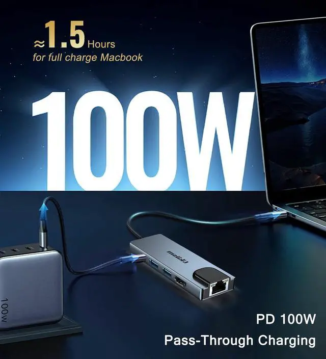 Alt view image 6 of 7 - USB C Hub 5 in 1 Multiport Adapter, USB C Hub with 4K HDMI, Ethernet RJ45, 100W PD Charging, USB 3.0 Ports, Type C Docking Station for MacBook Pro Air, iPad, Laptop