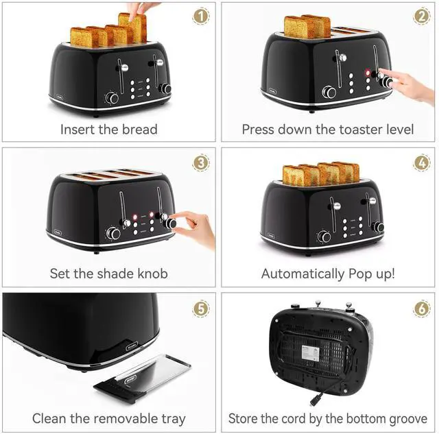 Alt view image 5 of 7 - Toaster 4 Slice, Retro Stainless Toaster with 6 Bread Shade Settings,1.5''Wide Slots with Cancel/Defrost/Reheat Functions,Dual Independent Control Panel, Removal Crumb Tray (Black)