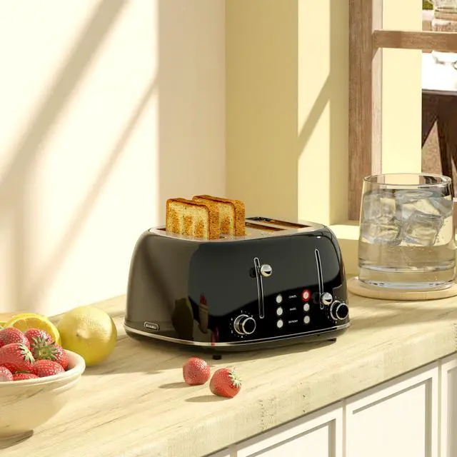 Alt view image 6 of 7 - Toaster 4 Slice, Retro Stainless Toaster with 6 Bread Shade Settings,1.5''Wide Slots with Cancel/Defrost/Reheat Functions,Dual Independent Control Panel, Removal Crumb Tray (Black)