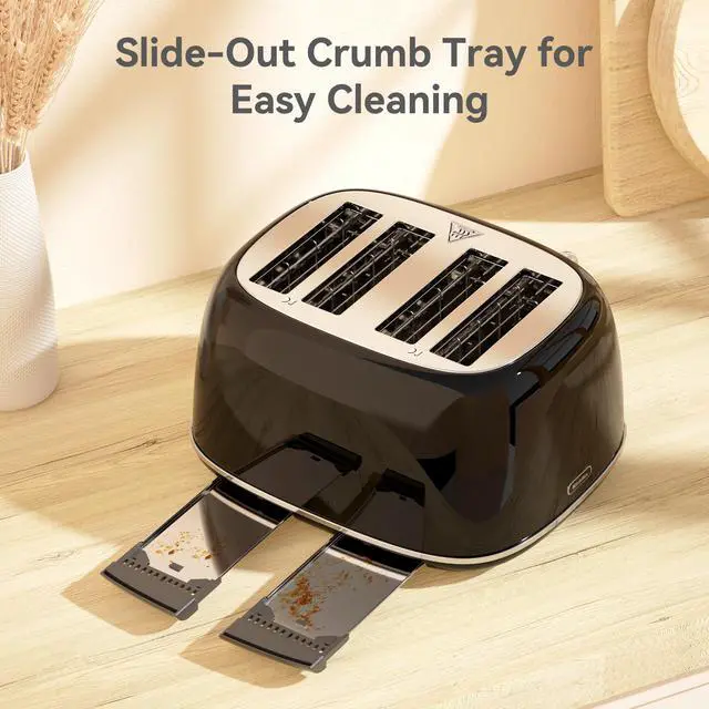 Alt view image 7 of 7 - Toaster 4 Slice, Retro Stainless Toaster with 6 Bread Shade Settings,1.5''Wide Slots with Cancel/Defrost/Reheat Functions,Dual Independent Control Panel, Removal Crumb Tray (Black)