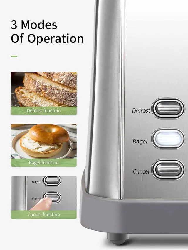 Alt view image 3 of 7 - Toaster 4 Slice, Extra Wide Slots, Stainless Steel with High Lift Lever, Bagel and Muffin Function, Removal Crumb Tray, 7-Shade Settings with Warming Rack, Silver, Yabano