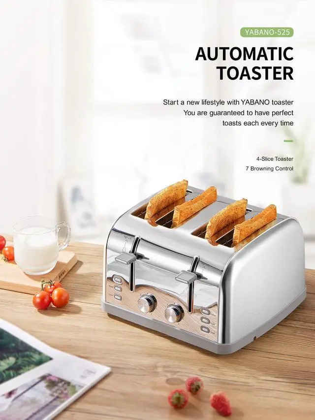 Alt view image 7 of 7 - Toaster 4 Slice, Extra Wide Slots, Stainless Steel with High Lift Lever, Bagel and Muffin Function, Removal Crumb Tray, 7-Shade Settings with Warming Rack, Silver, Yabano