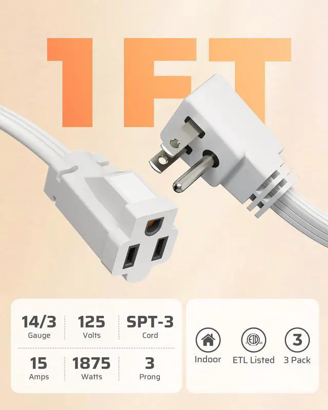 Alt view image 2 of 7 - 1 Ft Extension Cord with 3-Prong Flat Plug, 15A/1875W 14/3 SPT-3 Flat Wire, Space-Saving for Home Office Appliances & Electronics, ETL Certified, 3-Pack, White