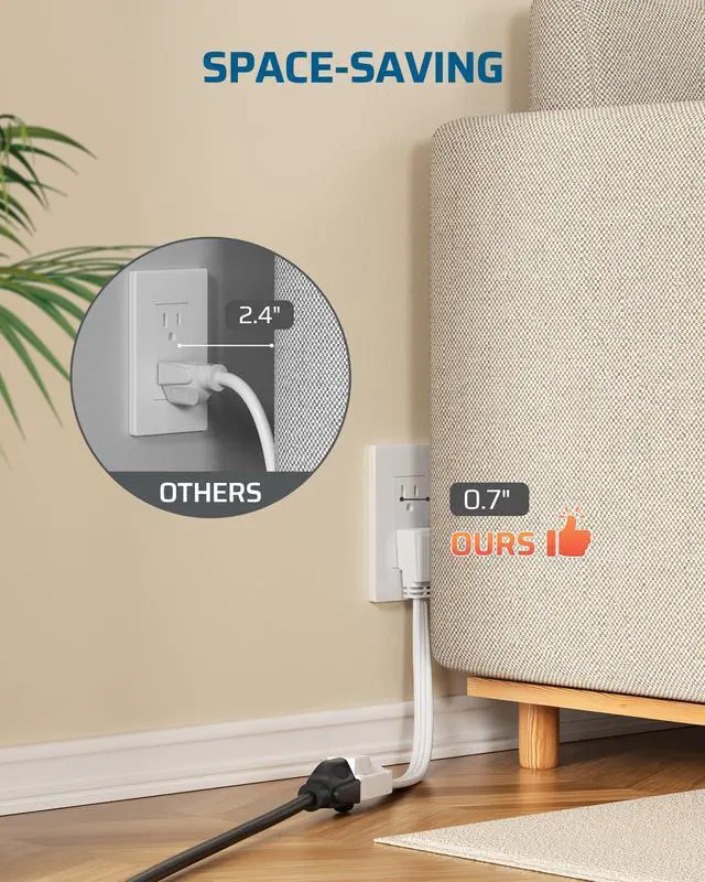 Alt view image 3 of 7 - 1 Ft Extension Cord with 3-Prong Flat Plug, 15A/1875W 14/3 SPT-3 Flat Wire, Space-Saving for Home Office Appliances & Electronics, ETL Certified, 3-Pack, White