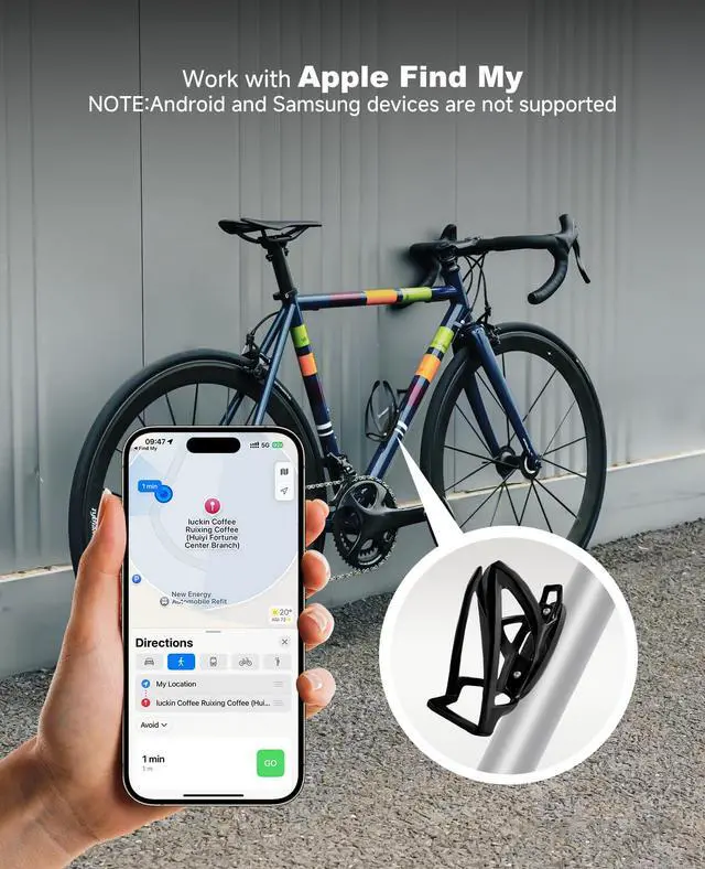 Alt view image 2 of 7 - Bike Tracker Works with Apple Find My | Hidden Tracker for Bicycle & Motorcycle | Anti-Theft Waterproof Tag with Bottle Holder Design | iOS Only, No Monthly Fee