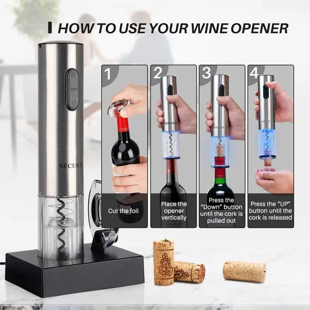 Alt view image 3 of 7 - Electric Wine Opener, Automatic Electric Wine Bottle Corkscrew Opener with Foil Cutter, Rechargeable (Stainless Steel)