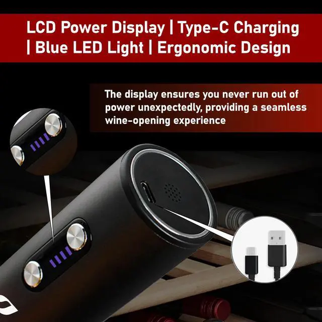 Alt view image 3 of 7 - Electric Wine Opener with Automatic Corkscrew & Foil Cutter Rechargeable Type-C Corkscrew Bottle Opener for Home, Kitchen & Party, Black,1 Pack