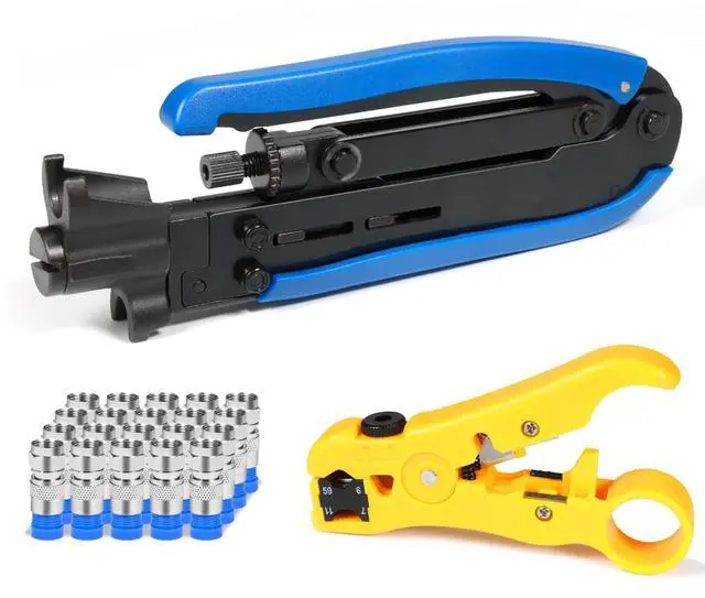 Main image of RG6 Compression Tool Coax Cable Crimper Kit RG6 RG11 RG59 F81 with 20PCS F Compression Connectors - BlueYellow
