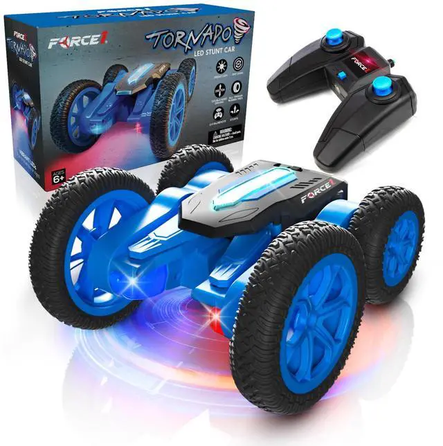 Main image of Tornado Blue LED Remote Control Car for Kids- Double Sided Driving Fast RC Cars 360 Flips, Outdoor 4WD Off Road Stunt RC Car, All Terrain Tires, RC Crawler Rechargeable Battery, 2.4GHz Remote