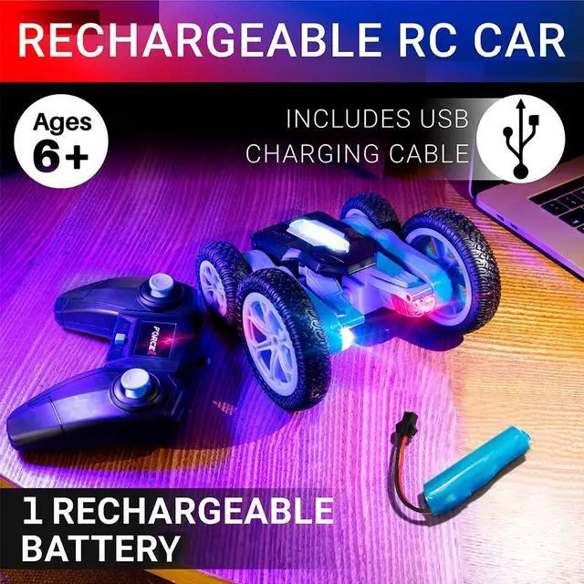 Alt view image 6 of 6 - Tornado Blue LED Remote Control Car for Kids- Double Sided Driving Fast RC Cars 360 Flips, Outdoor 4WD Off Road Stunt RC Car, All Terrain Tires, RC Crawler Rechargeable Battery, 2.4GHz Remote