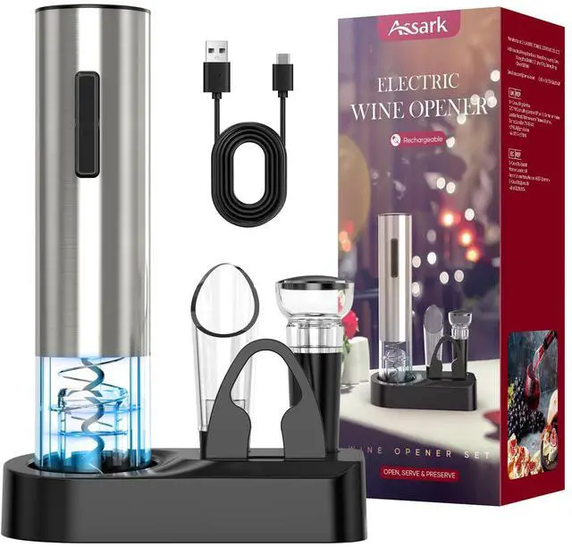 Main image of Electric Wine Opener,Rechargeable Automatic Wine Opener Corkscrew Opener Set With Wine Stopper, Foil Cutter, Wine Aerator,Storage Base & USB-C Cable Christmas Gifts for Wine Lovers